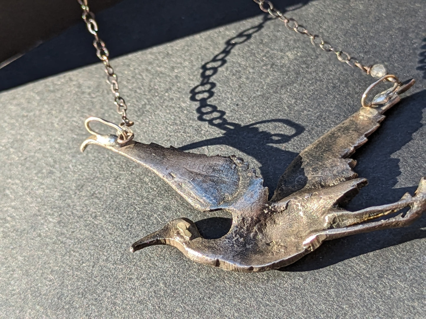 Late 1800s French Silver Stork on Oxidized Necklace