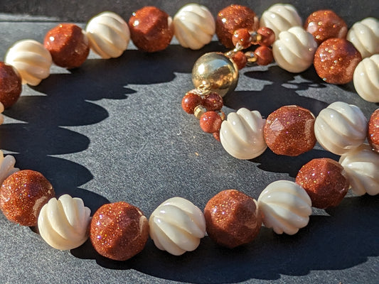 Goldstone and Carved bone Bead Necklace