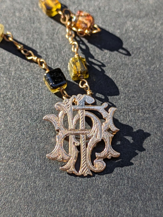 15k English Monogram on Tourmaline and 14k Chain