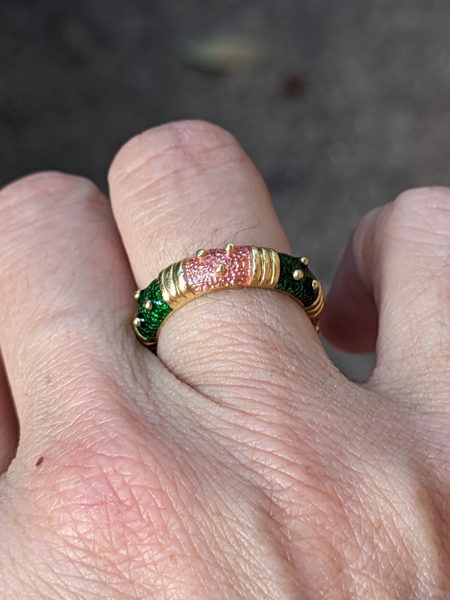 Vintage Hidalgo pink and green enamel band 14k