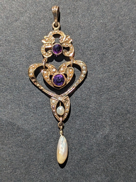 Art Nouveau Seed pearl & Amethyst Lavalier Pendant