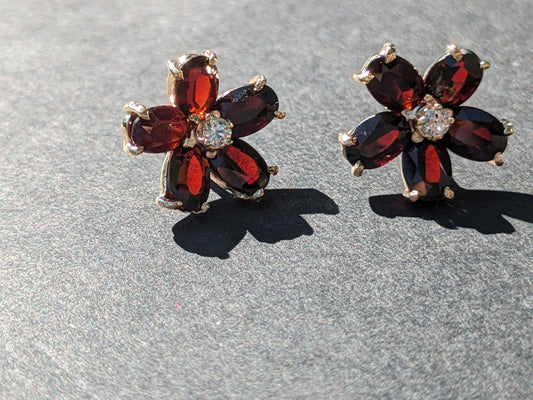 Garnet and Diamond Flower Earrings