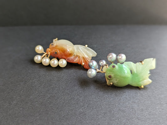 Carved koi and pearl 14k earrings