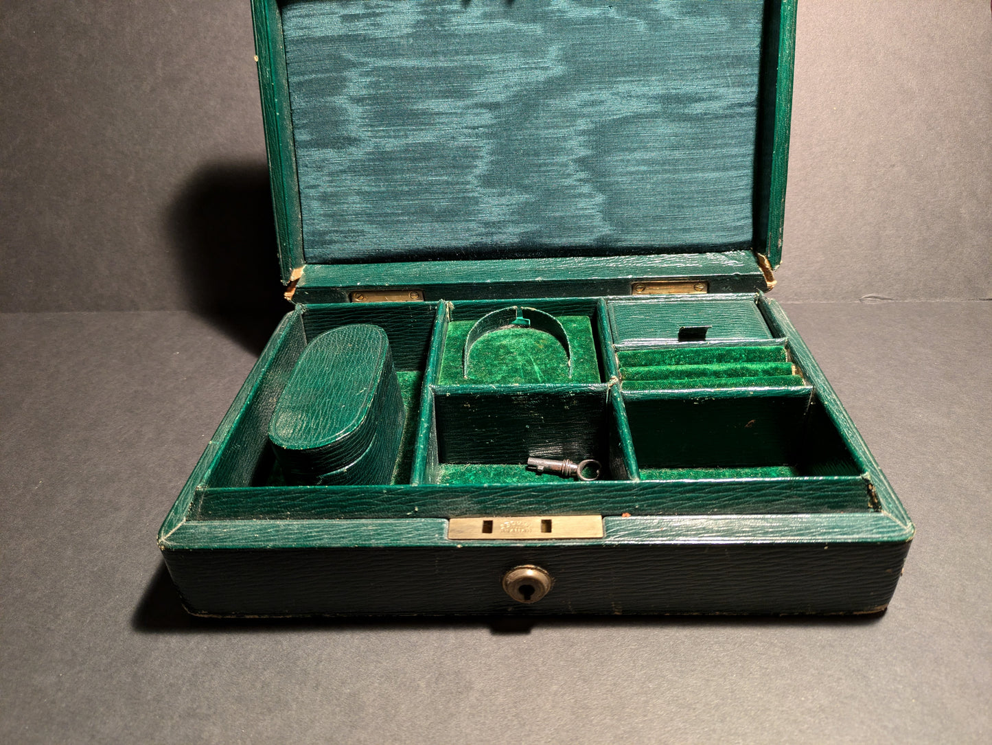 Antique Green leather covered jewelry travel box