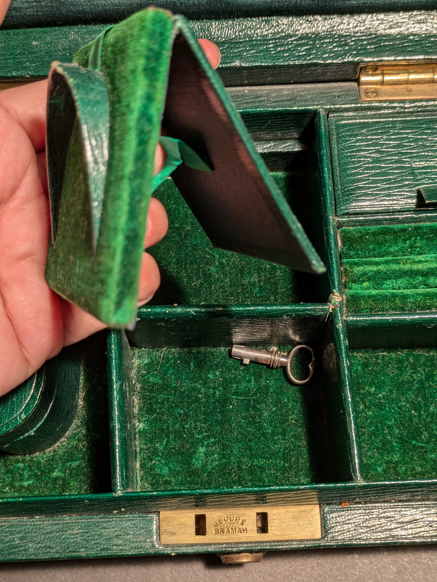 Antique Green leather covered jewelry travel box