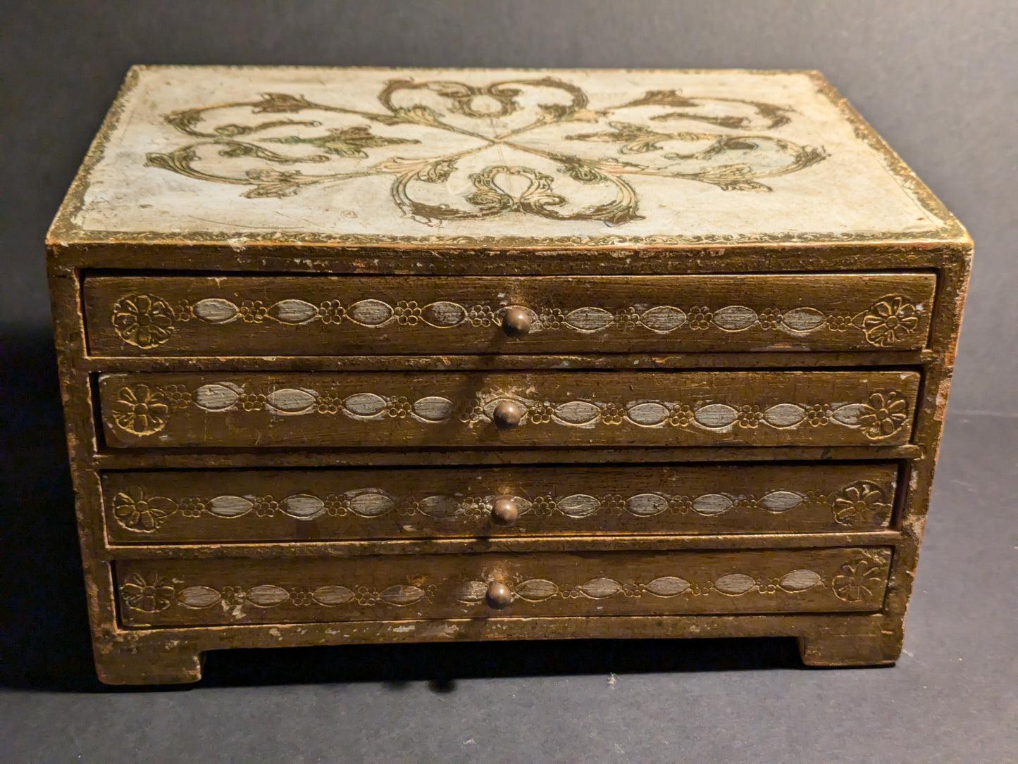 Italian cream and gold painted jewelry box with embroidered details