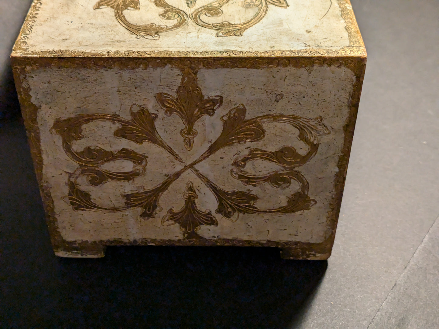 Italian cream and gold painted jewelry box with embroidered details