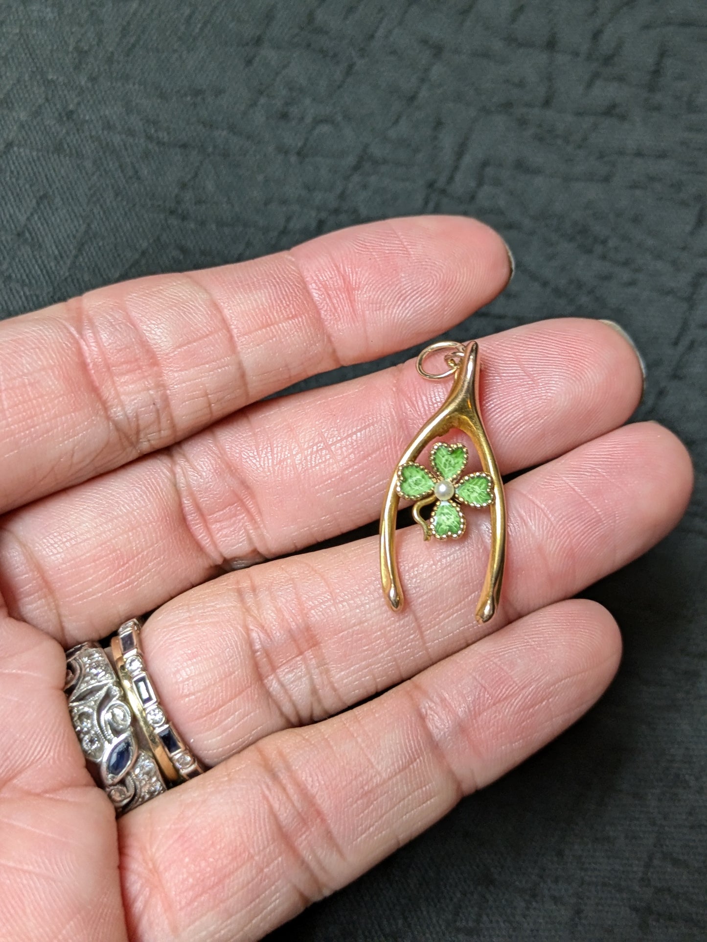 14k Wishbone with Enamel and Pearl Shamrock Pendant