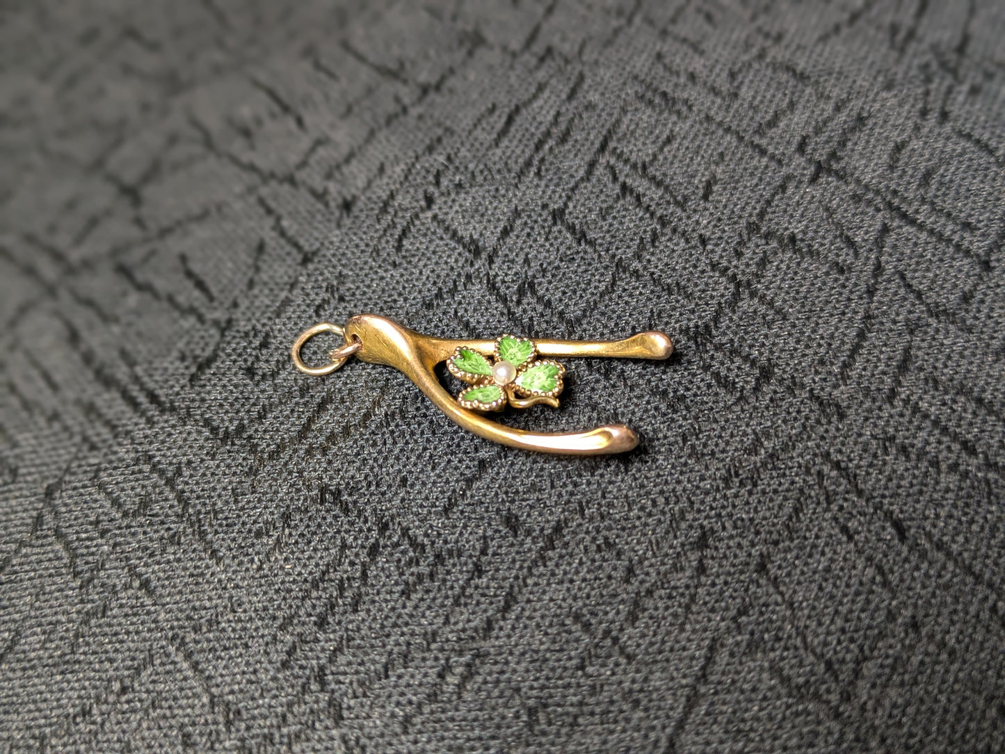 14k Wishbone with Enamel and Pearl Shamrock Pendant