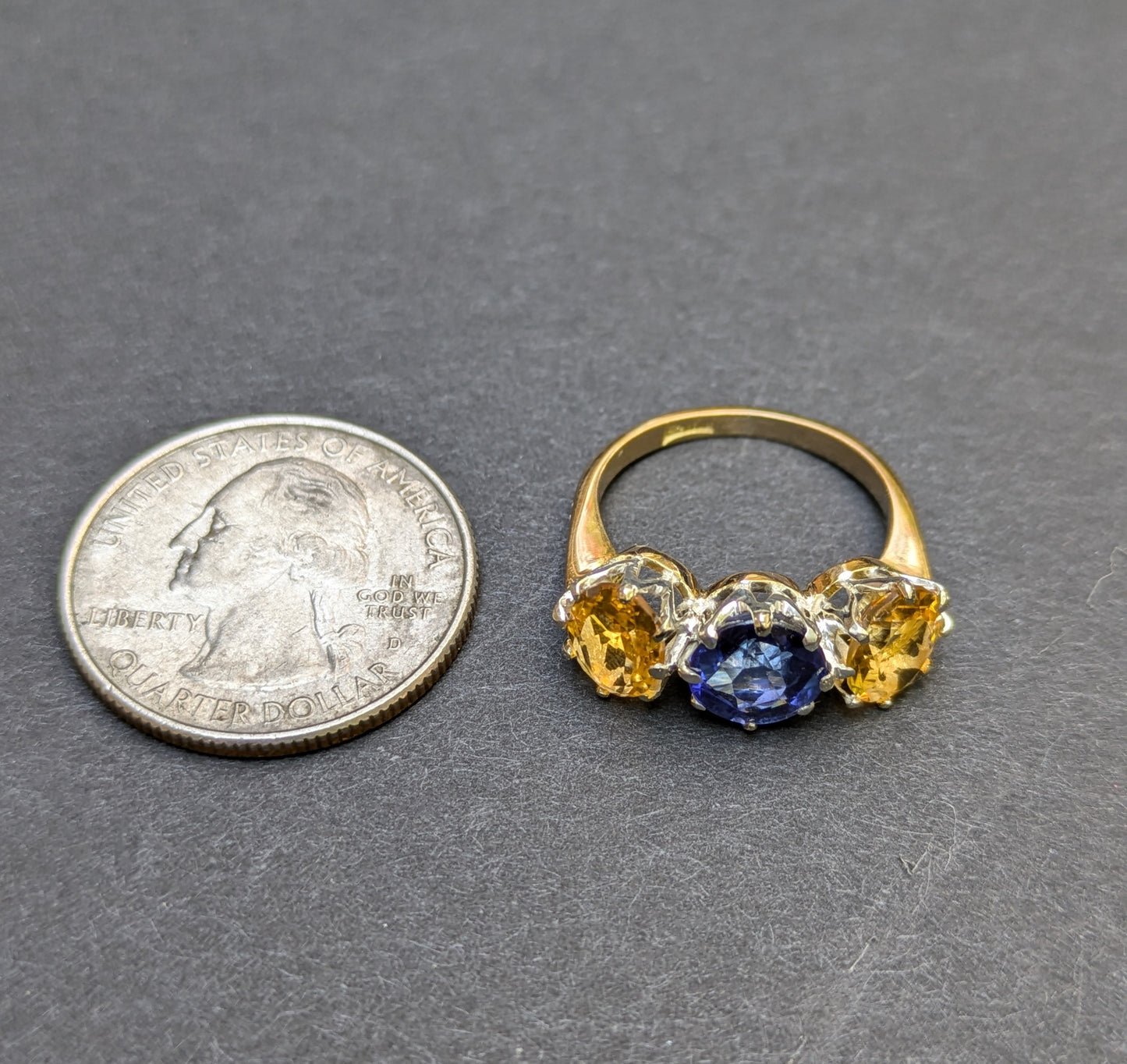 18kt Three Stone Yellow and Blue Sapphire Ring