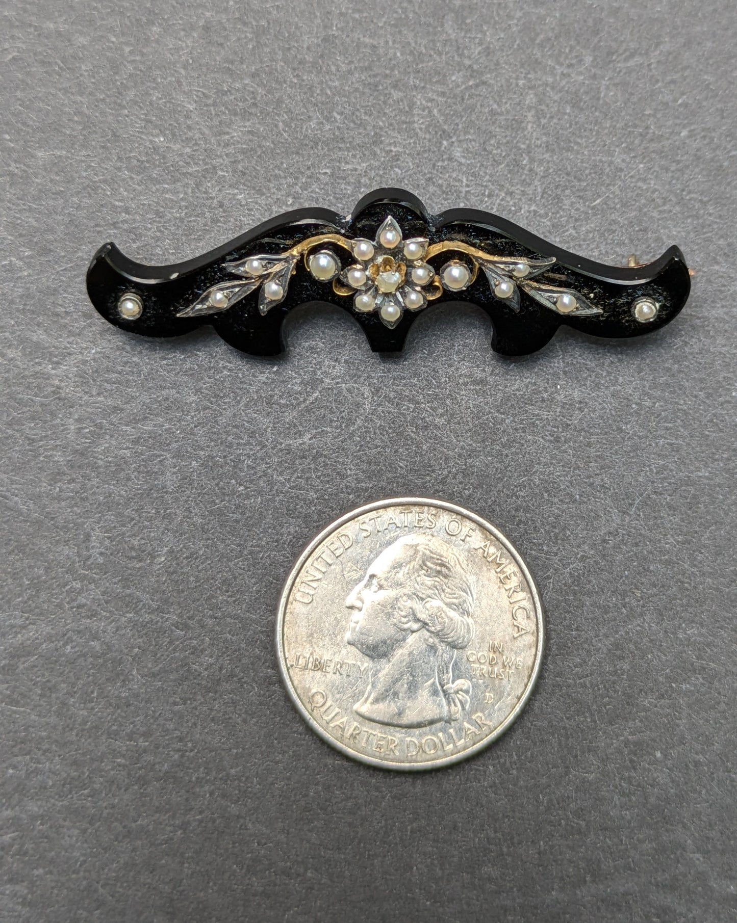 American Mourning Brooch 14k Jet Seed Pearl