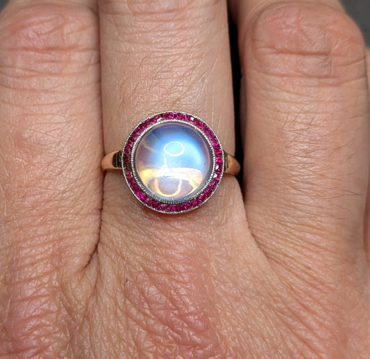 14k Art Deco Moonstone with Ruby Halo Ring Conversion