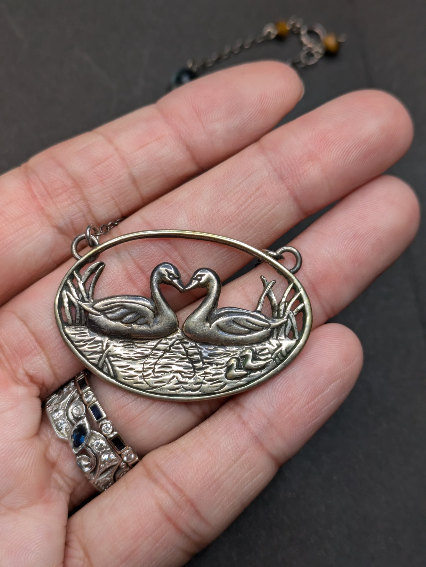 Sterling Kissing Swans Engraved Necklace