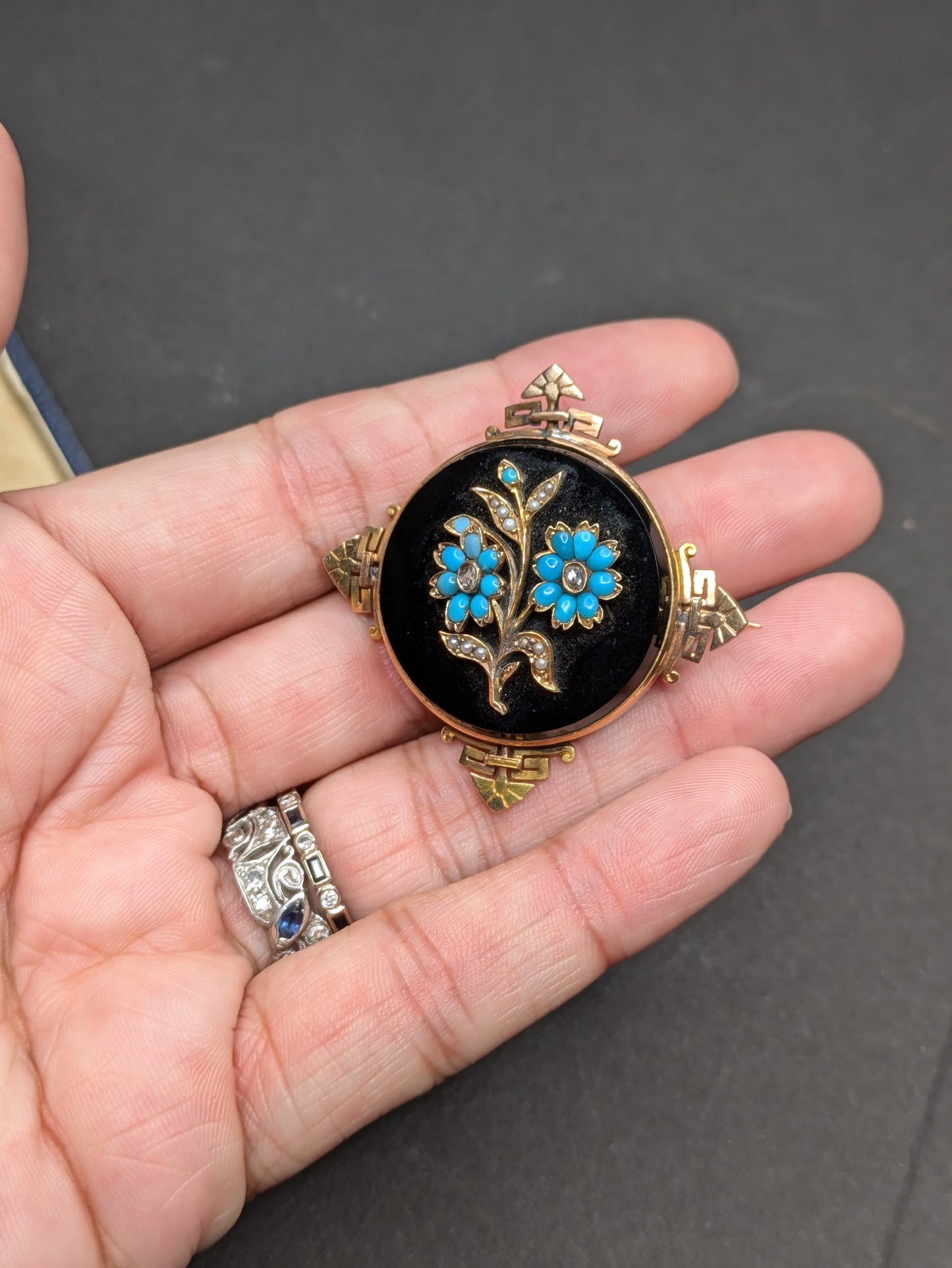 18k Art Deco Floral Turquoise Diamond & Onyx Brooch with Seed Pearls