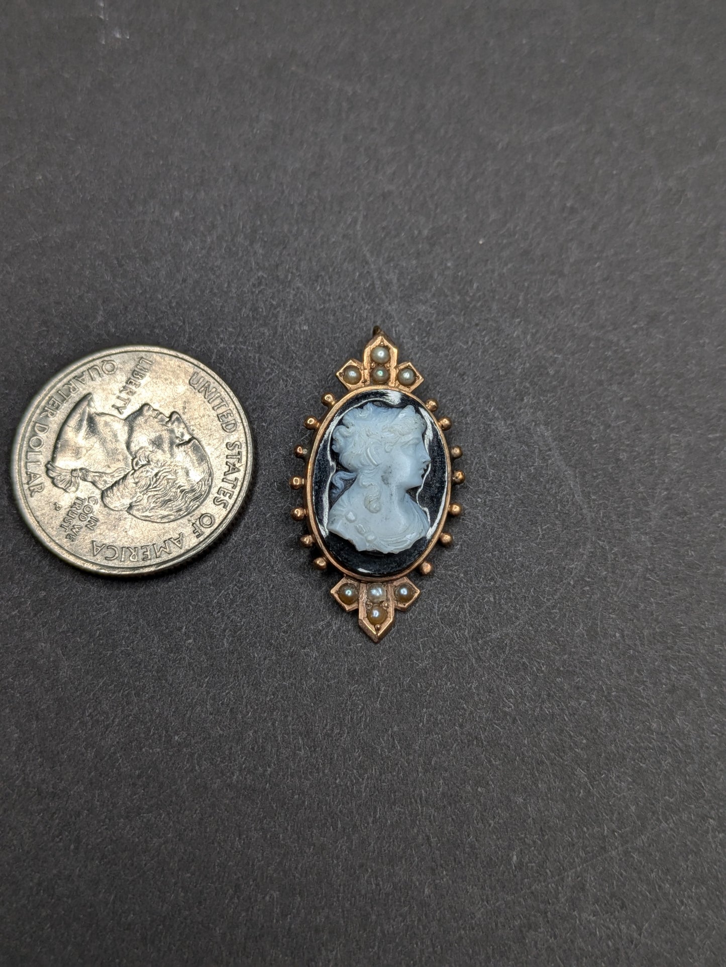 Victorian 15K Hardstone Cameo with Seed Pearl