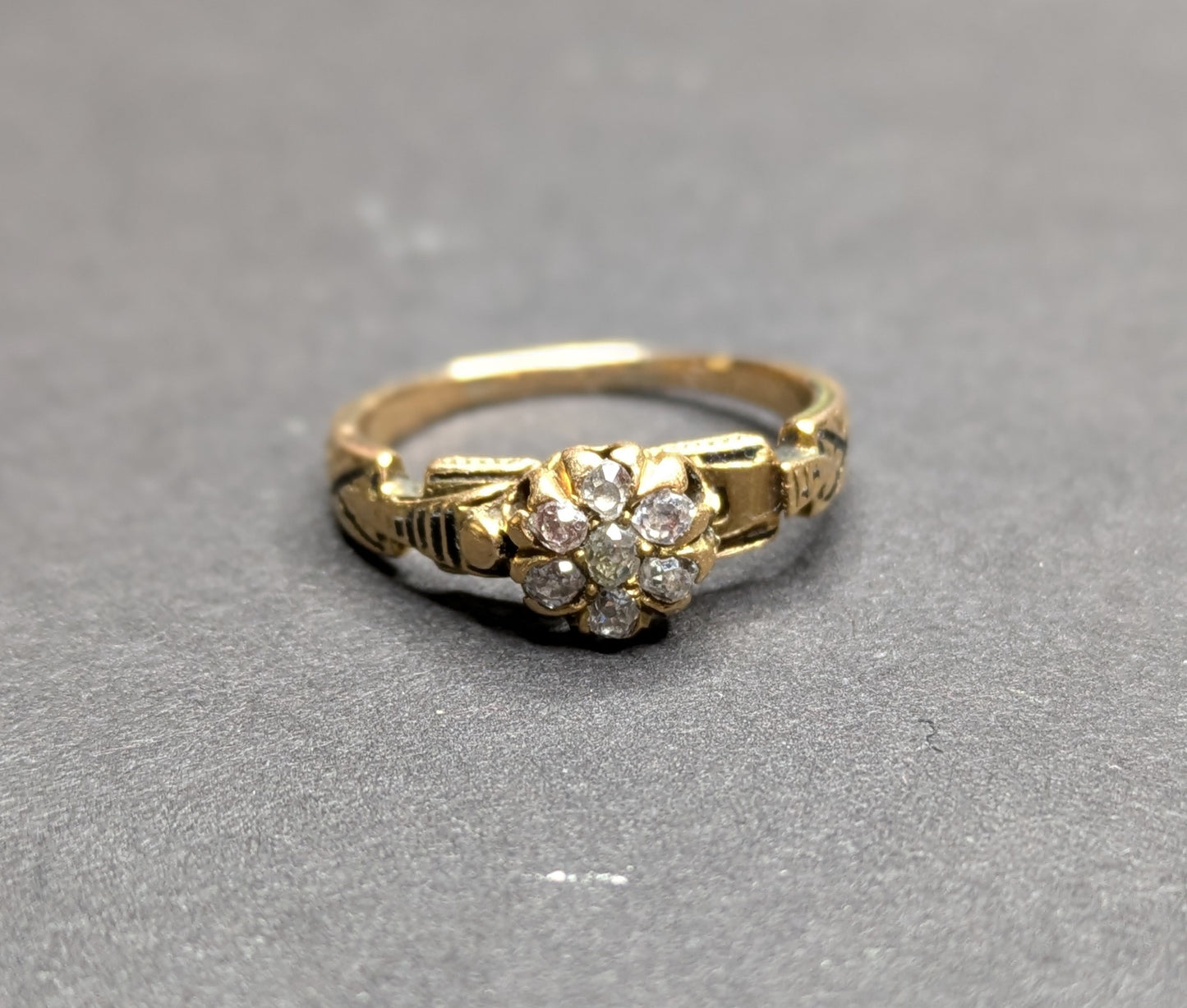 18k Gold Mine Cut Diamond and Enamel Cluster Ring