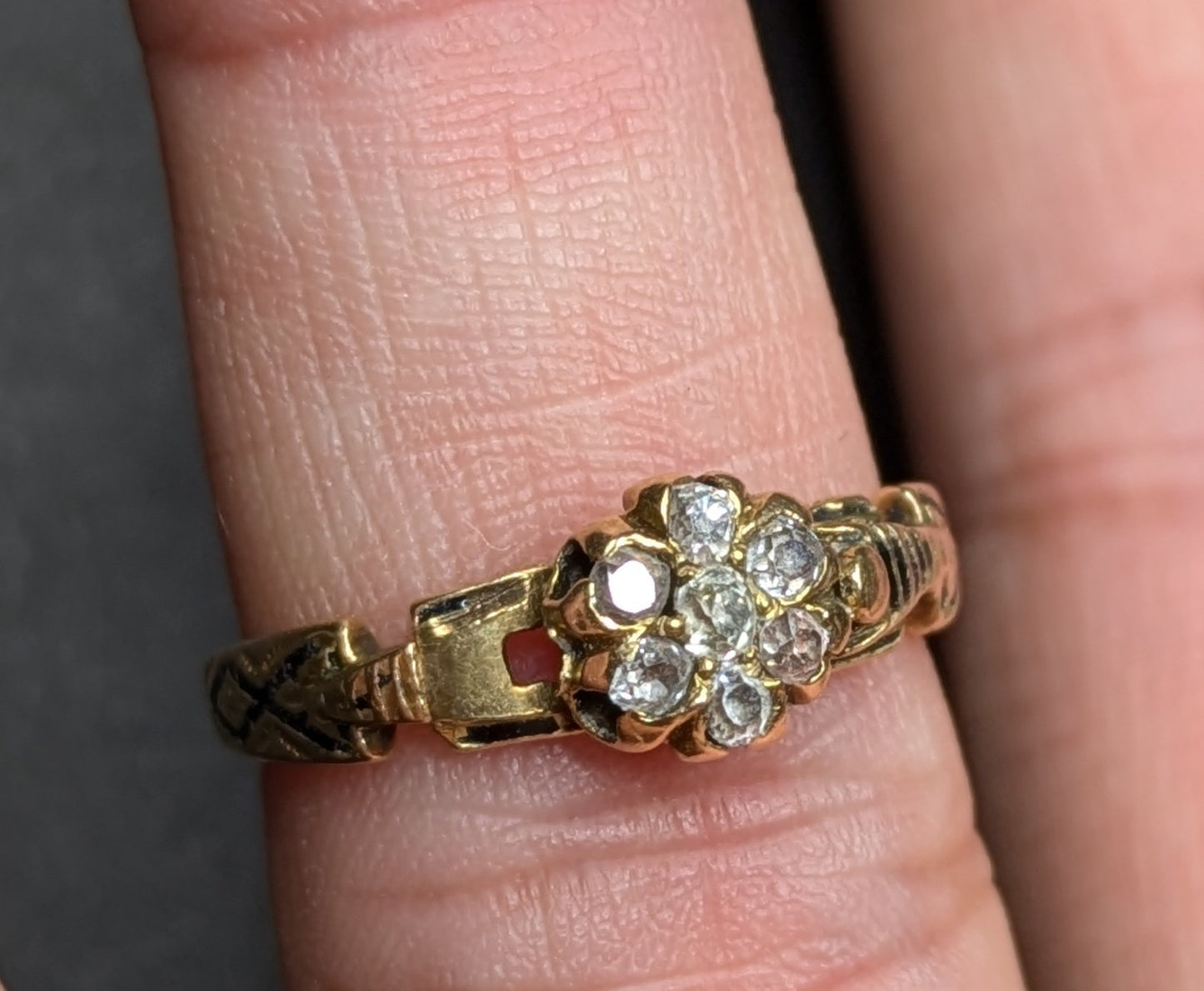 18k Gold Mine Cut Diamond and Enamel Cluster Ring