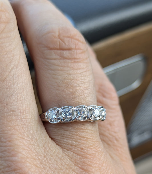 14k White Gold 1940's Five Diamond Anniversary Band