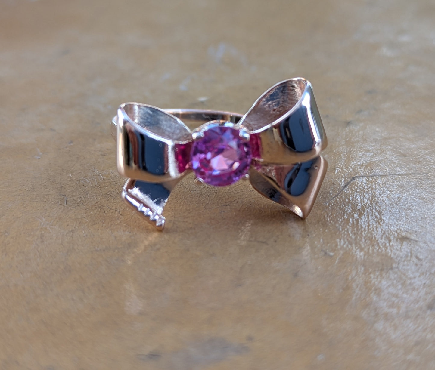 1940's Rose Gold Bow Ring with Pink Topaz