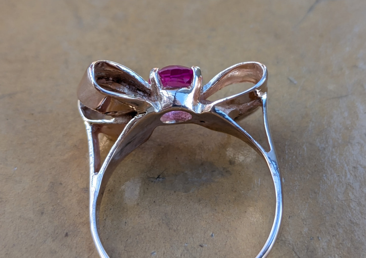 1940's Rose Gold Bow Ring with Pink Topaz