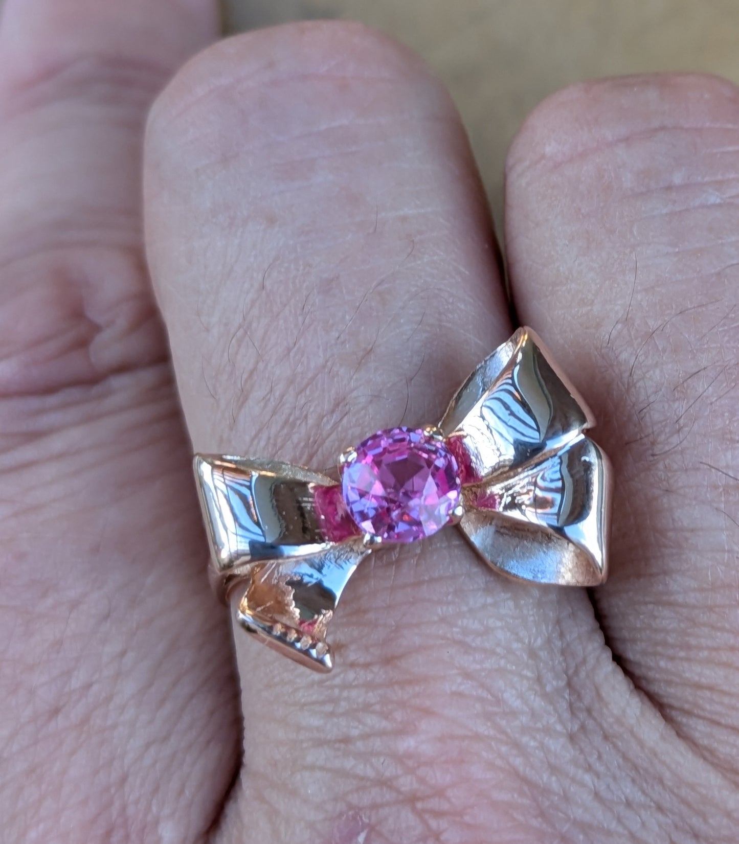 1940's Rose Gold Bow Ring with Pink Topaz