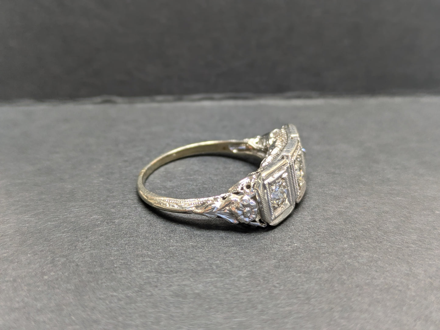 14k White Gold Filigree Three Stone Ring