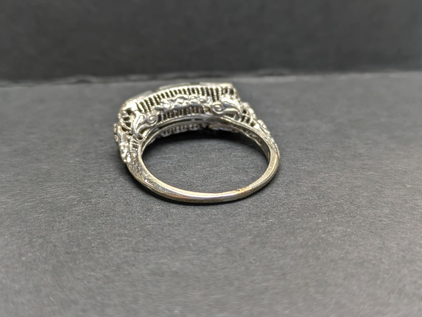 14k White Gold Filigree Three Stone Ring