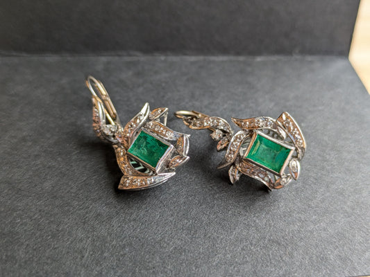 1930's Emerald Earrings 14k Backs Palladium Front with Diamond Details