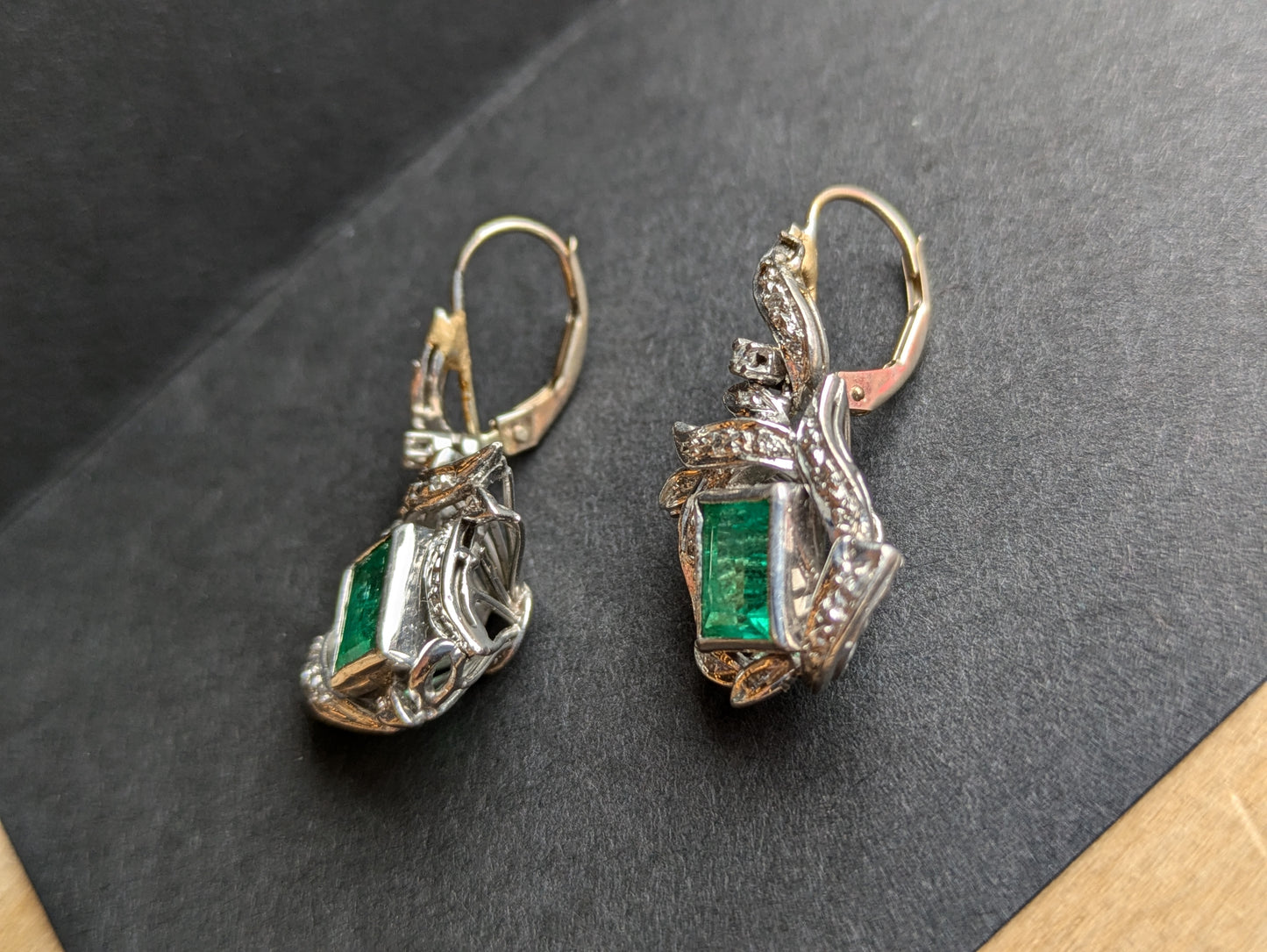 1930's Emerald Earrings 14k Backs Palladium Front with Diamond Details