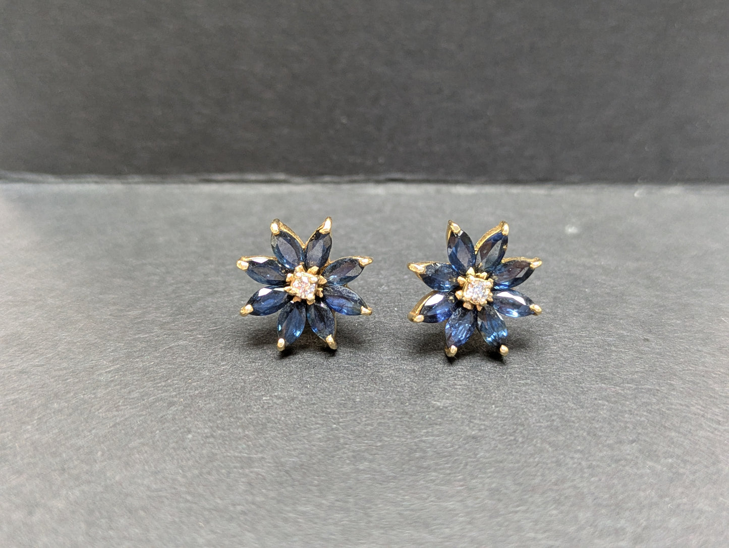 14k Diamond and Sapphire Flower Earrings