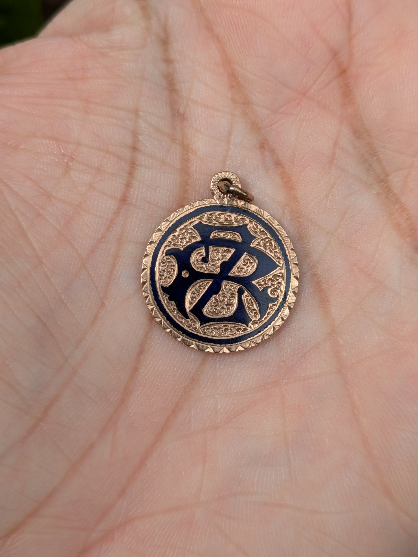 Double Sided Gold Victorian Love Token with Navy Blue Enamel