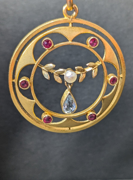 14k Belle Epoch Ruby, Aquamarine and Pearl Pendant