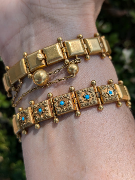 Pair of Etruscan Revival 15k Bracelets with Turquoise Details