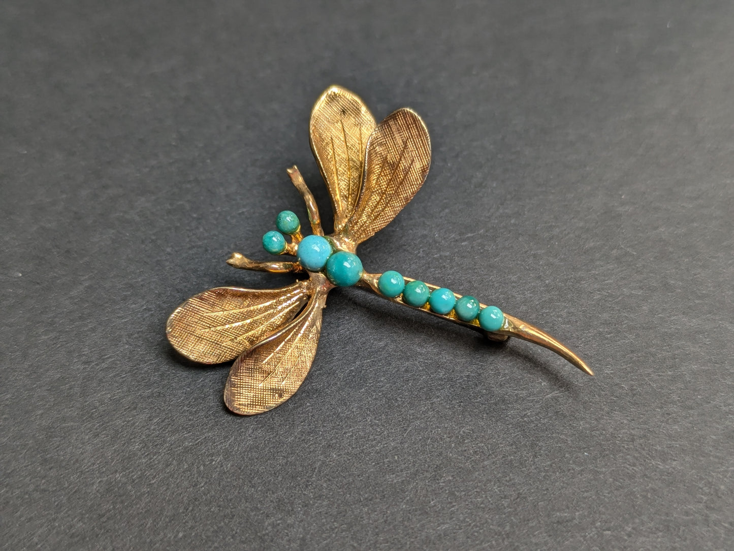 14k Vintage Dragonfly Brooch with Turquoise Details