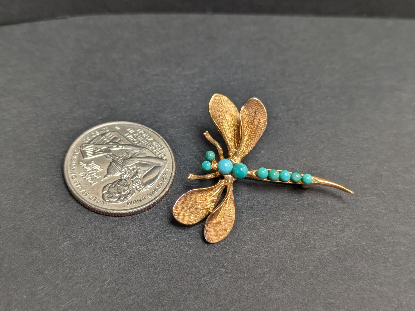 14k Vintage Dragonfly Brooch with Turquoise Details