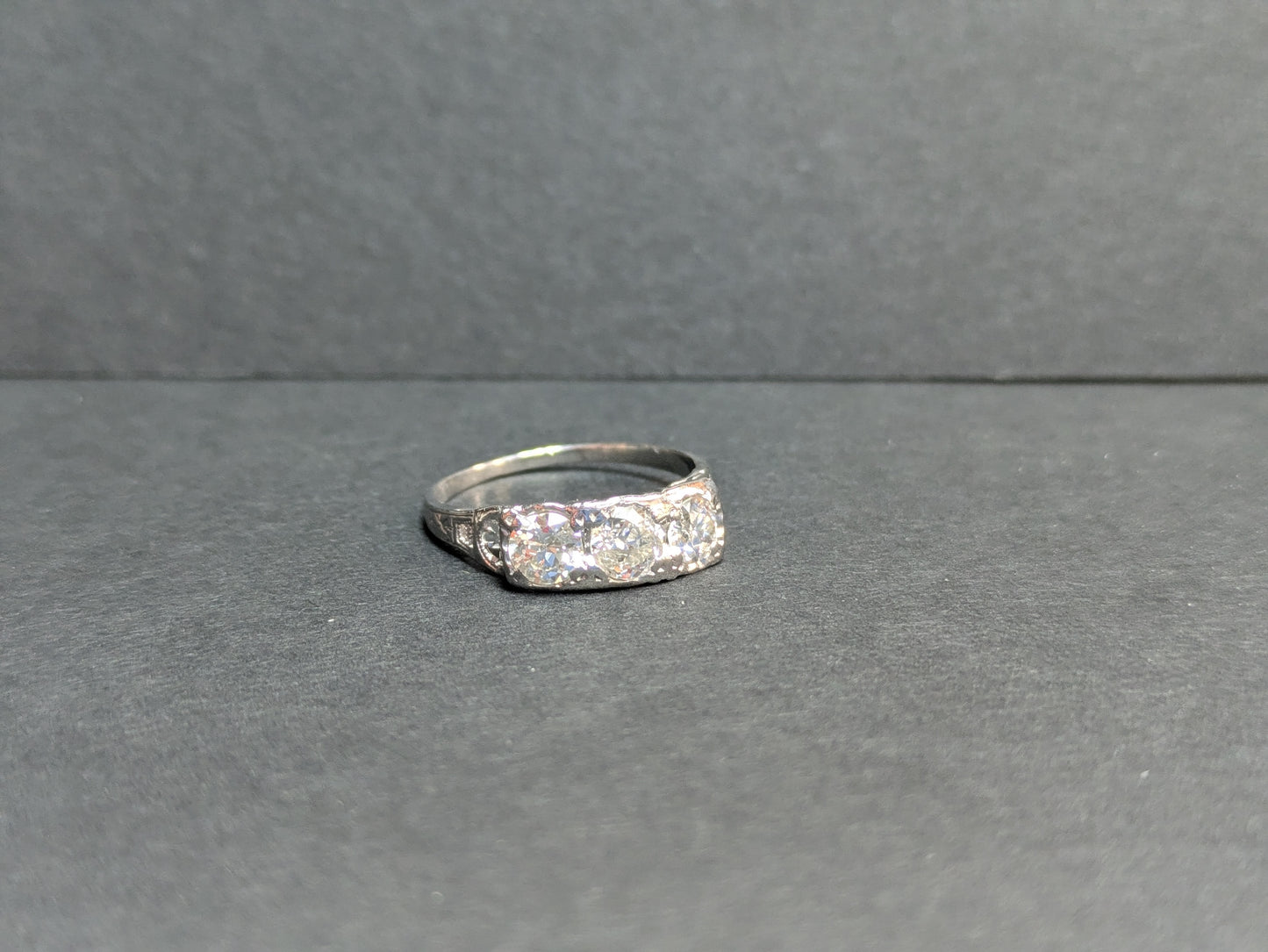 14k White Gold Three-Stone 1930s Diamond Ring