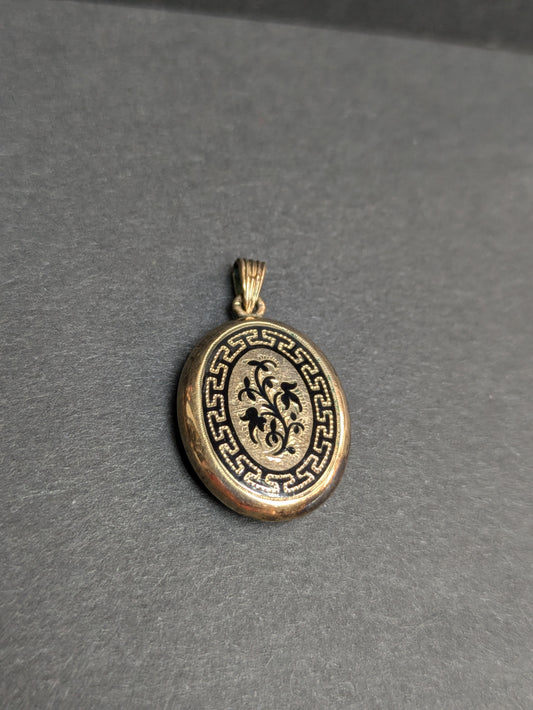 14k Antique Locket with Enamel Greek Key