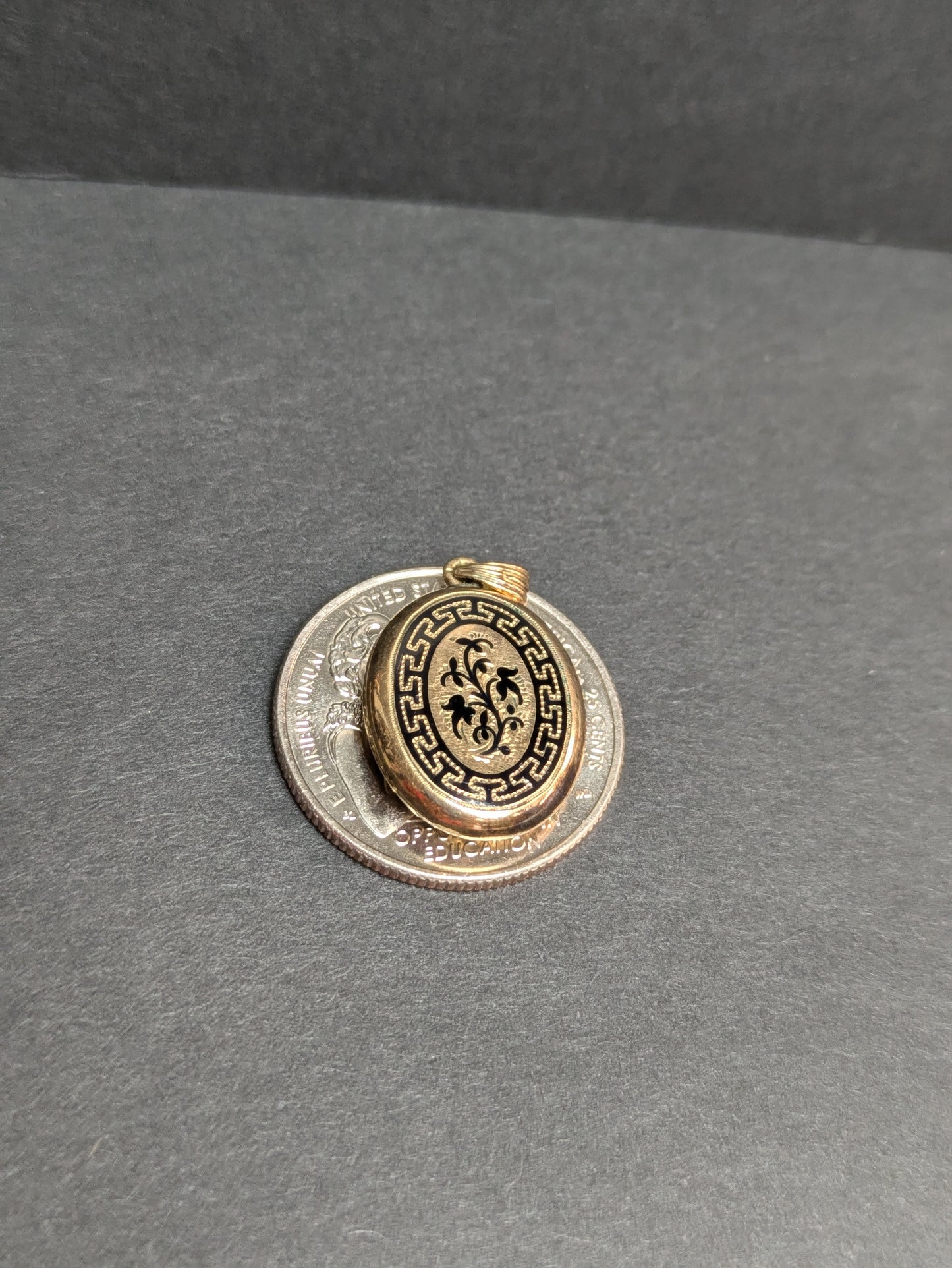 14k Antique Locket with Enamel Greek Key