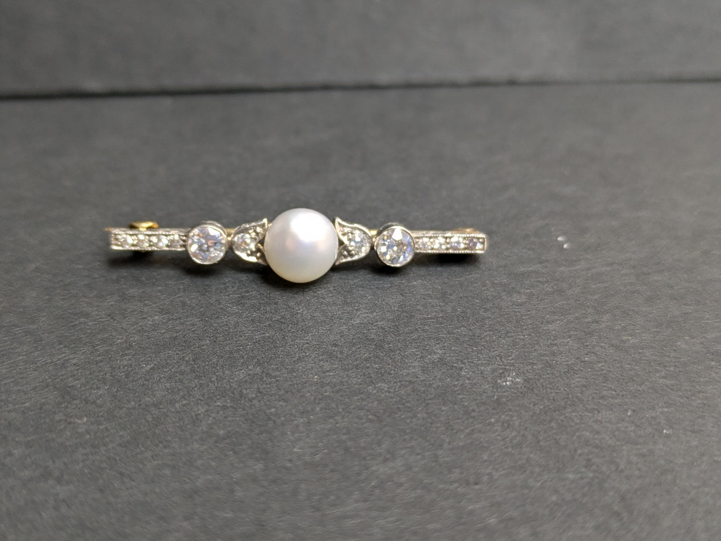 18k and Platinum Old European Diamond and Pearl Bar Pin