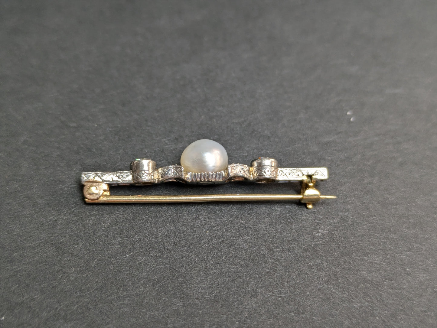 18k and Platinum Old European Diamond and Pearl Bar Pin