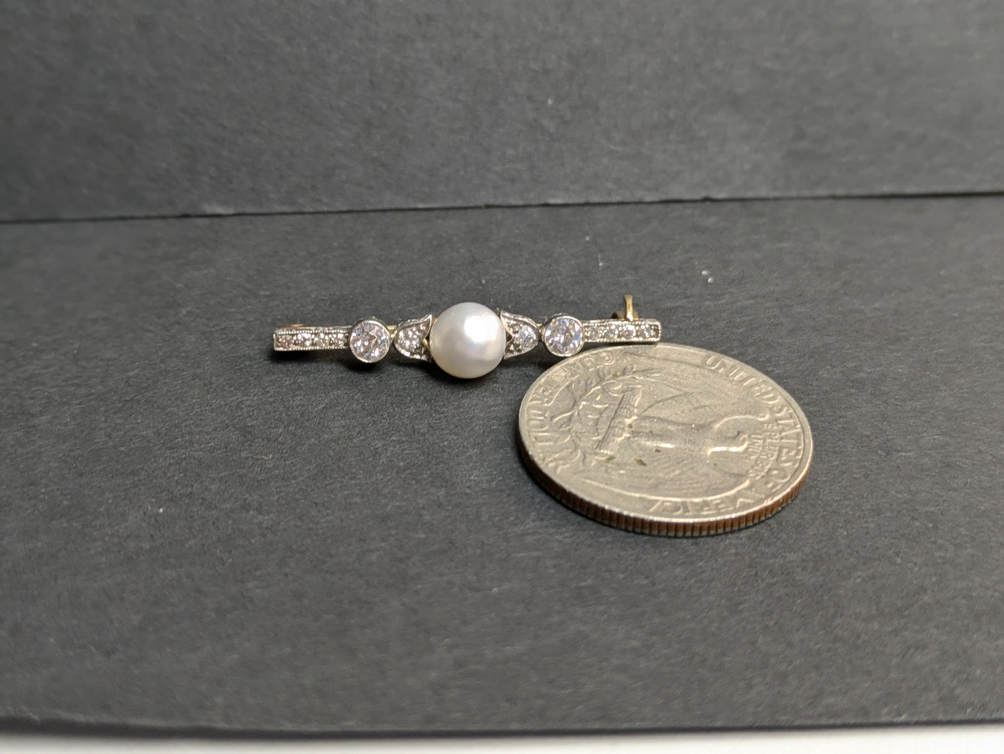 18k and Platinum Old European Diamond and Pearl Bar Pin