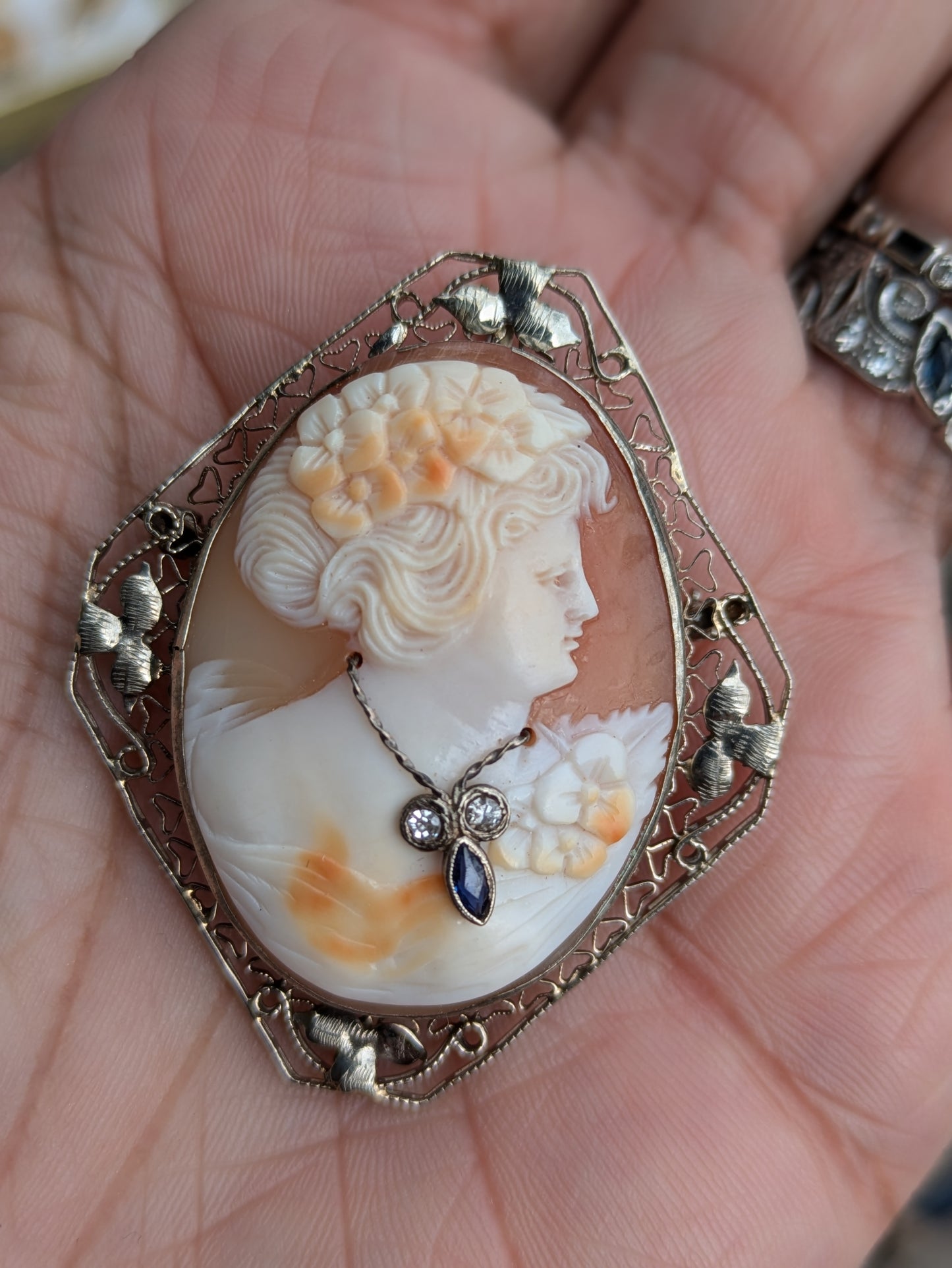 14k Edwardian Filigree and Cameo Brooch/Pendant wearing Diamond and Sapphire