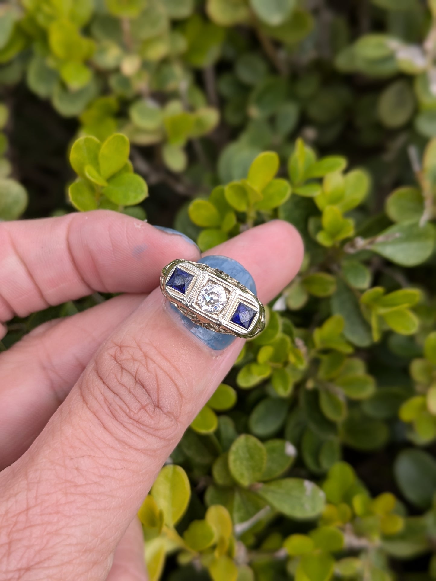 Edwardian 18k White Gold Sapphire and Diamond 3 Stone Ring with Filigree