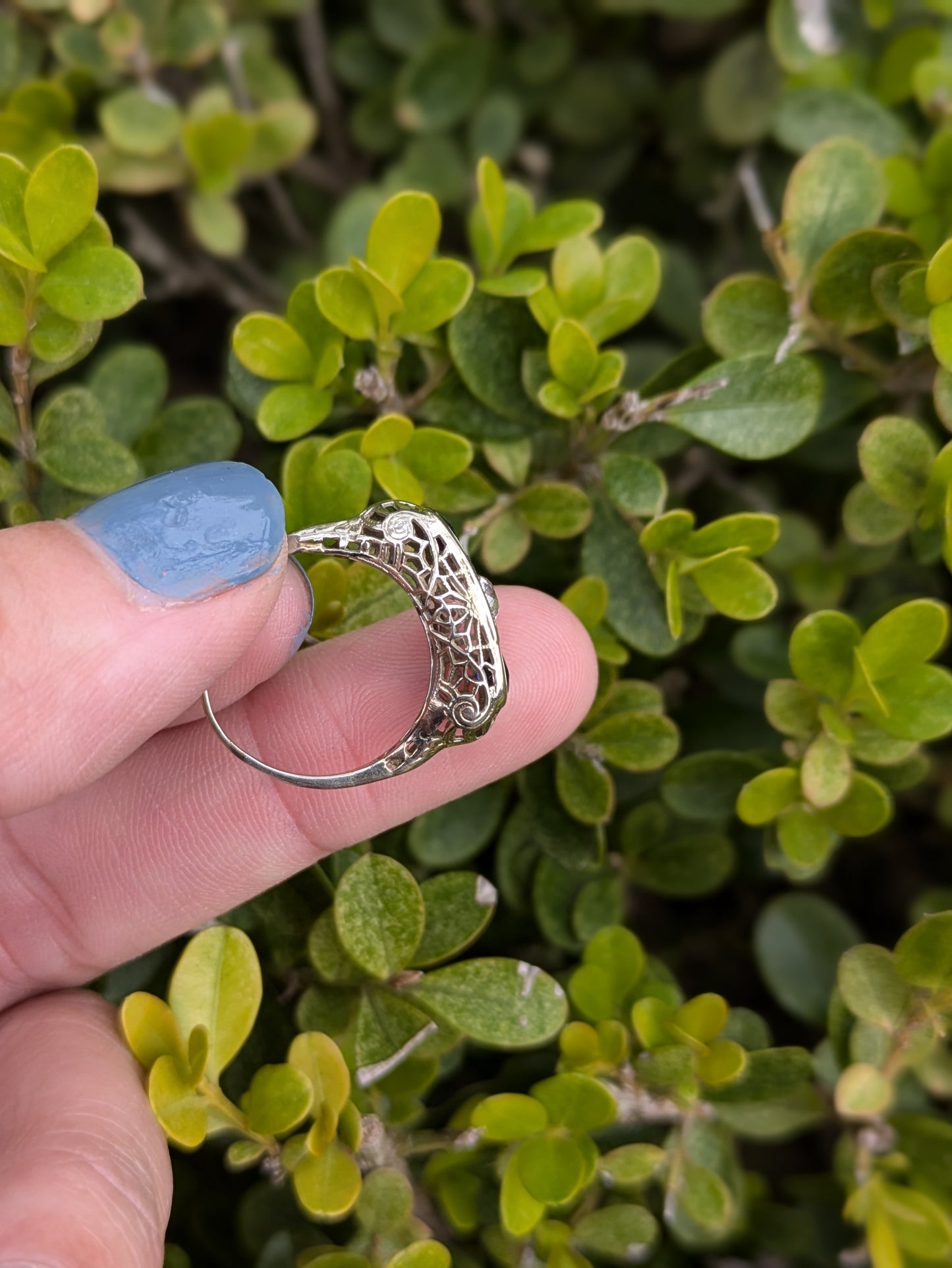 Edwardian 18k White Gold Sapphire and Diamond 3 Stone Ring with Filigree