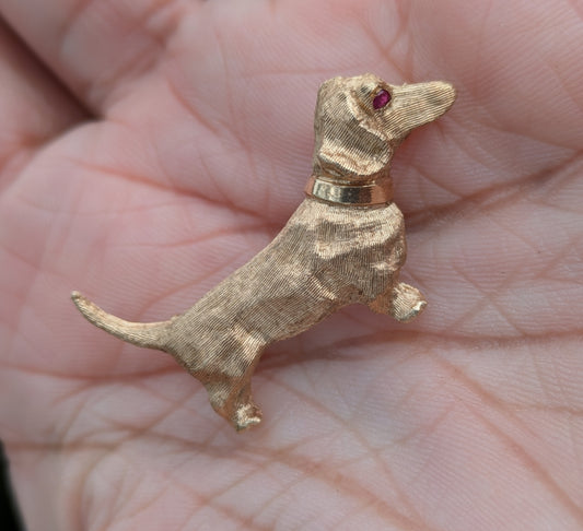 14k Dachshund Dog Pin with Ruby Eye