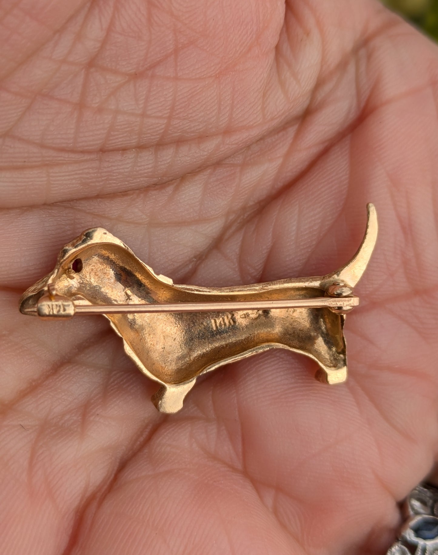 14k Dachshund Dog Pin with Ruby Eye