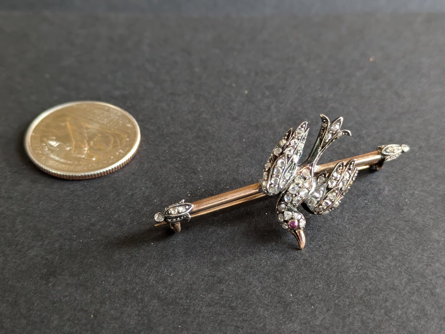 French 18k and Silver Napoleonic Bird Brooch with Single Cut Diamonds and Ruby