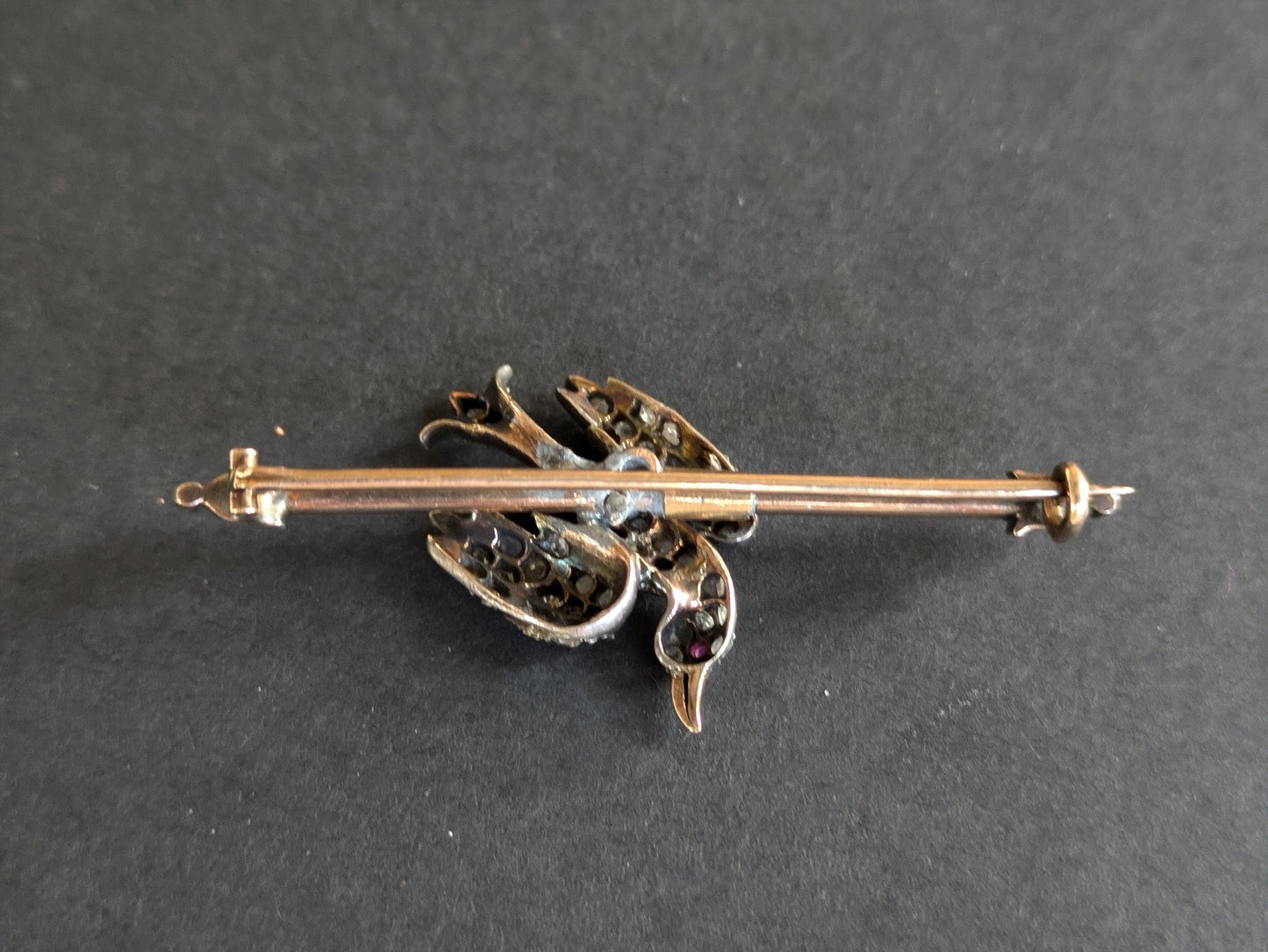 French 18k and Silver Napoleonic Bird Brooch with Single Cut Diamonds and Ruby