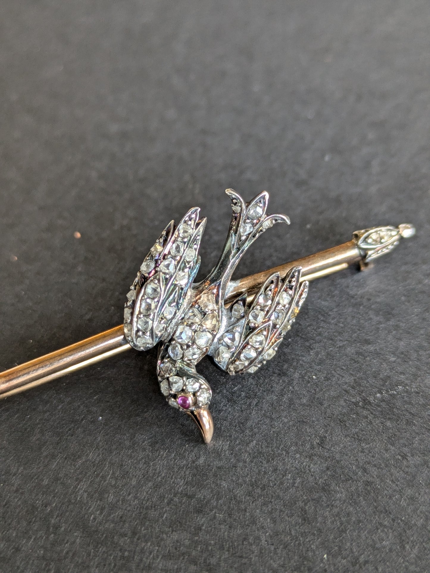 French 18k and Silver Napoleonic Bird Brooch with Single Cut Diamonds and Ruby