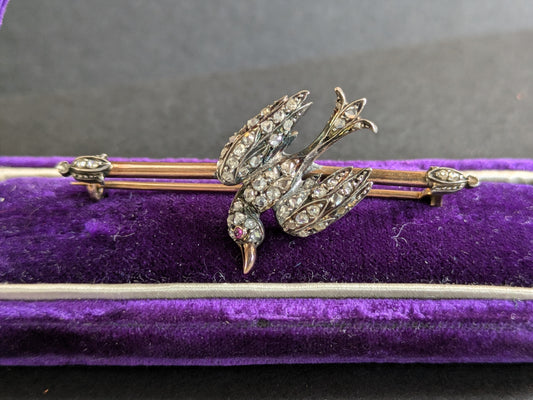 French 18k and Silver Napoleonic Bird Brooch with Single Cut Diamonds and Ruby